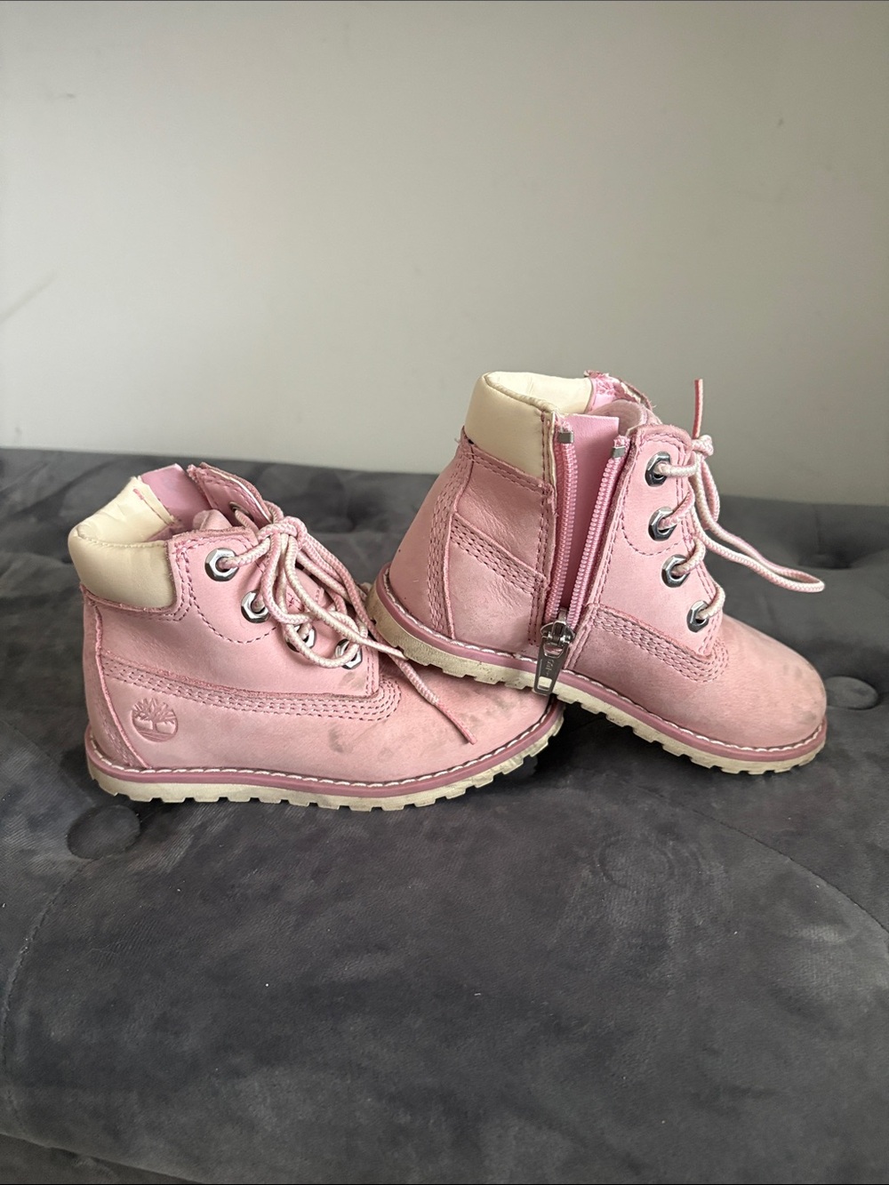 Timberland Kids Pink and Cream Lace-Up Side-Zip Boots
